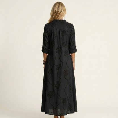 Mariam | Cotton-Linen Maxi Dress with Tonal Floral Embroidery