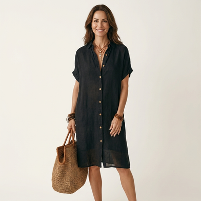 Nidalie | Cotton-Linen Midi Shirt Dress with Rolled Cuffs