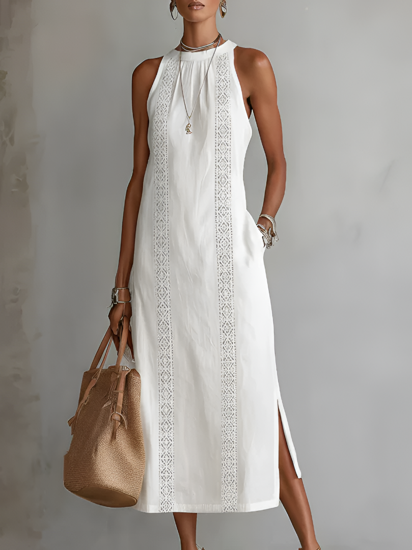 Jimena Relaxed Fit Embroidered Mandarin Collar Midi Dress