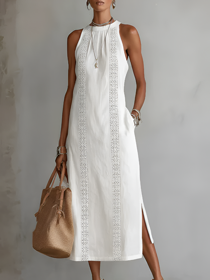 Jimena Relaxed Fit Embroidered Mandarin Collar Midi Dress