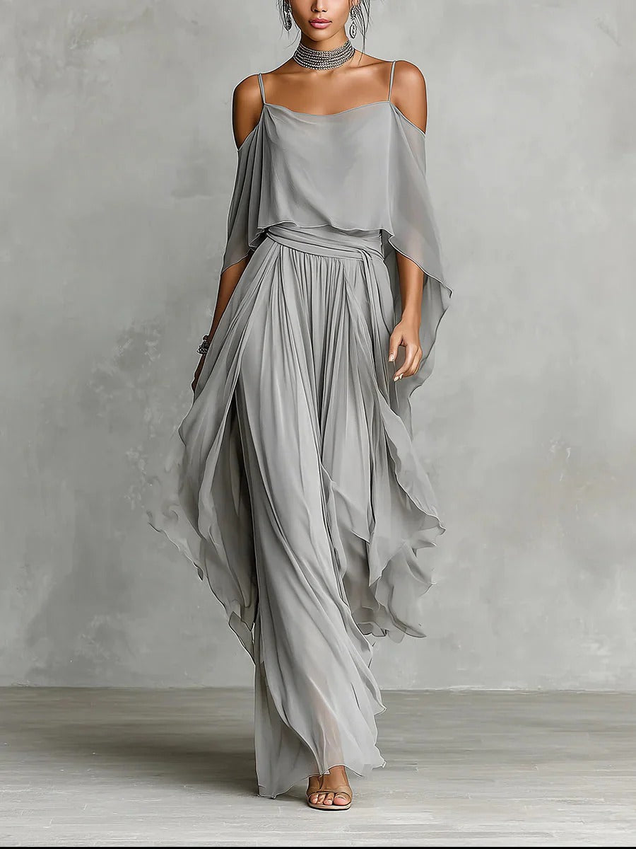 Isabela | Gray Flowy Set with Spaghetti-Strap Top and Lightweight Pants