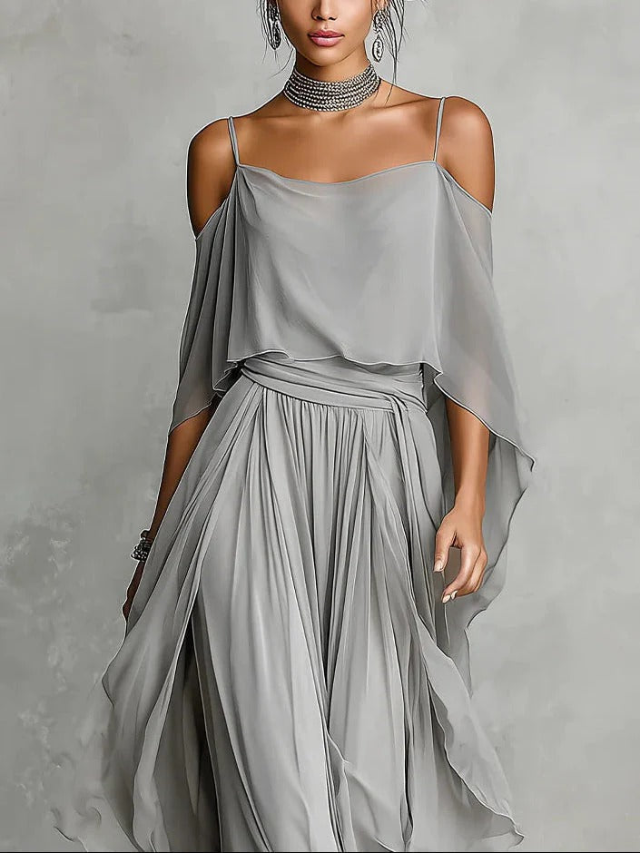 Isabela | Gray Flowy Set with Spaghetti-Strap Top and Lightweight Pants