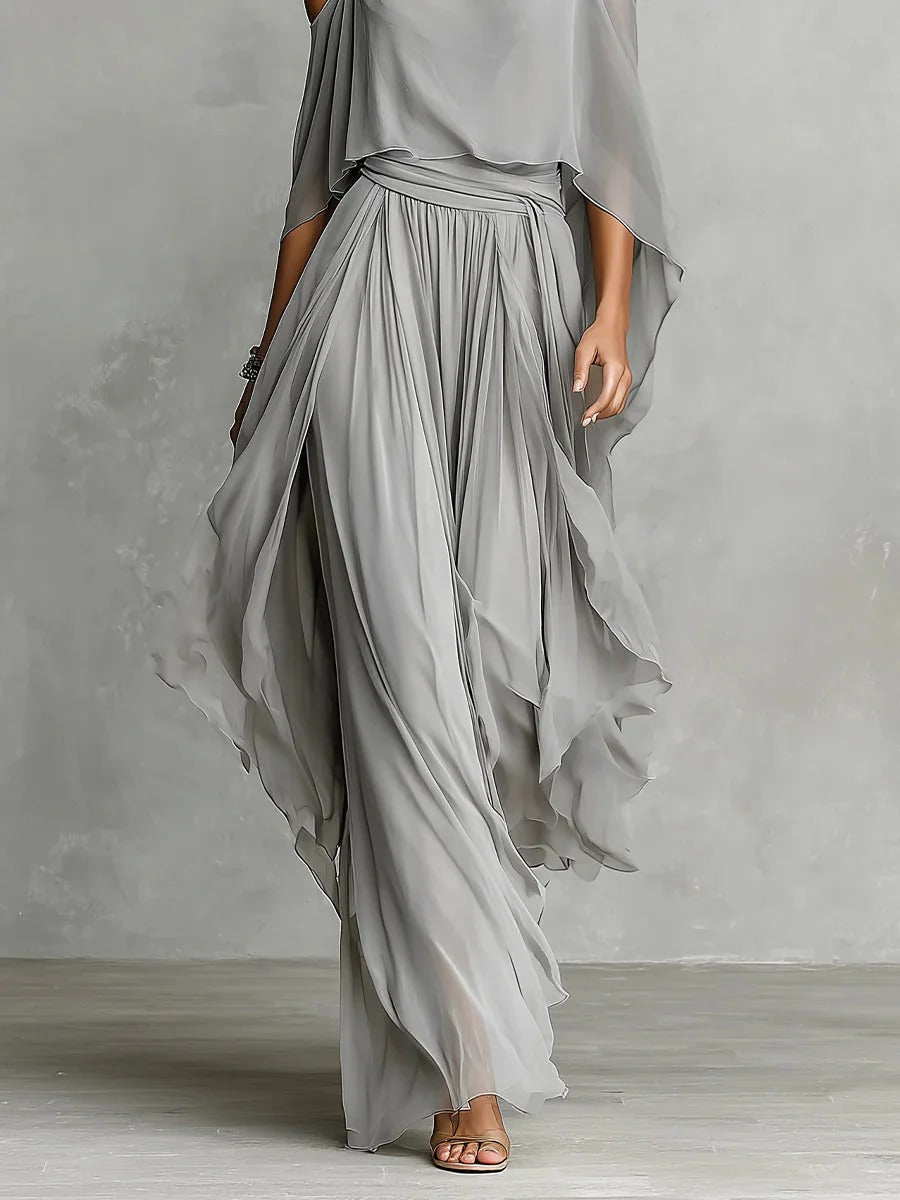 Isabela | Gray Flowy Set with Spaghetti-Strap Top and Lightweight Pants