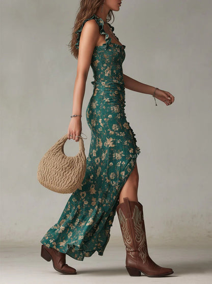 Zara Bohemian Floral Ruched Maxi Dress with Side Slit – Effortless Boho-Chic Maxi