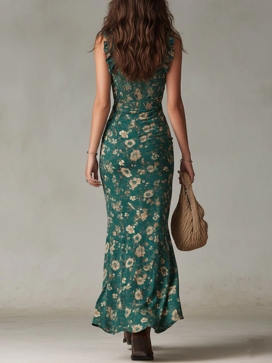 Zara Bohemian Floral Ruched Maxi Dress with Side Slit – Effortless Boho-Chic Maxi
