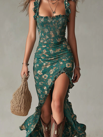 Zara Bohemian Floral Ruched Maxi Dress with Side Slit – Effortless Boho-Chic Maxi