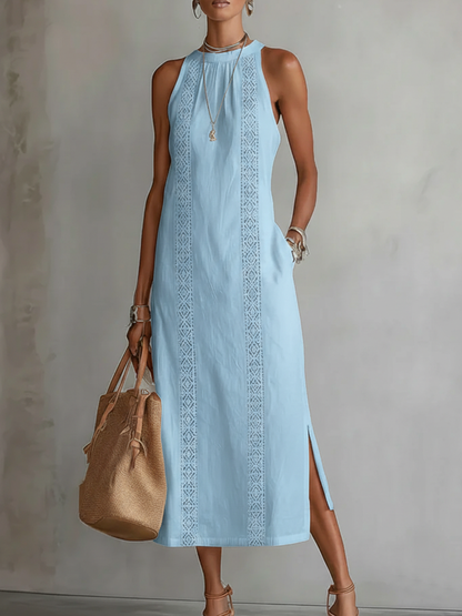 Jimena Relaxed Fit Embroidered Mandarin Collar Midi Dress