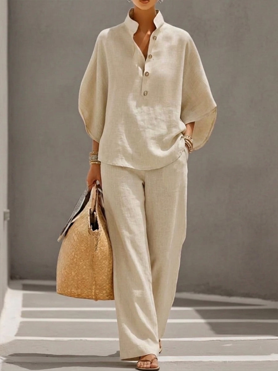Eszter™ – Sophisticated cotton-linen set with batwing sleeves and wide-leg trousers, size S1