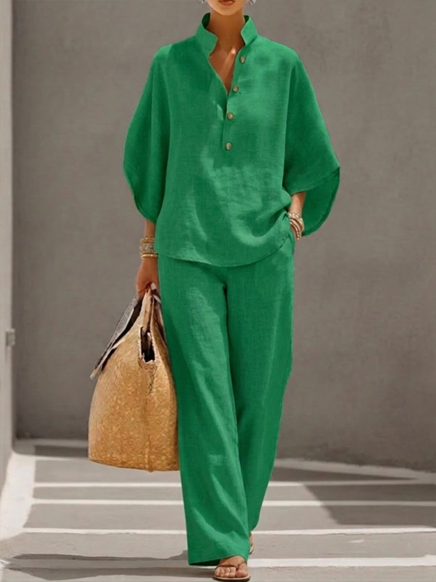 Eszter™ – Sophisticated cotton-linen set with batwing sleeves and wide-leg trousers, size S1