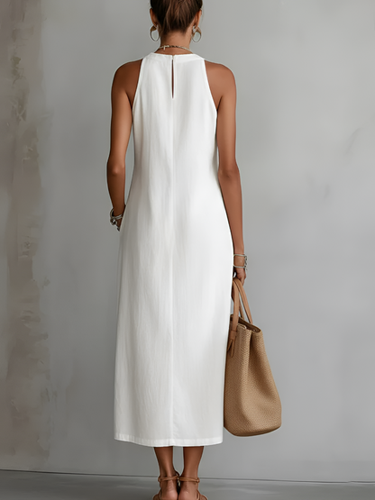Jimena Relaxed Fit Embroidered Mandarin Collar Midi Dress