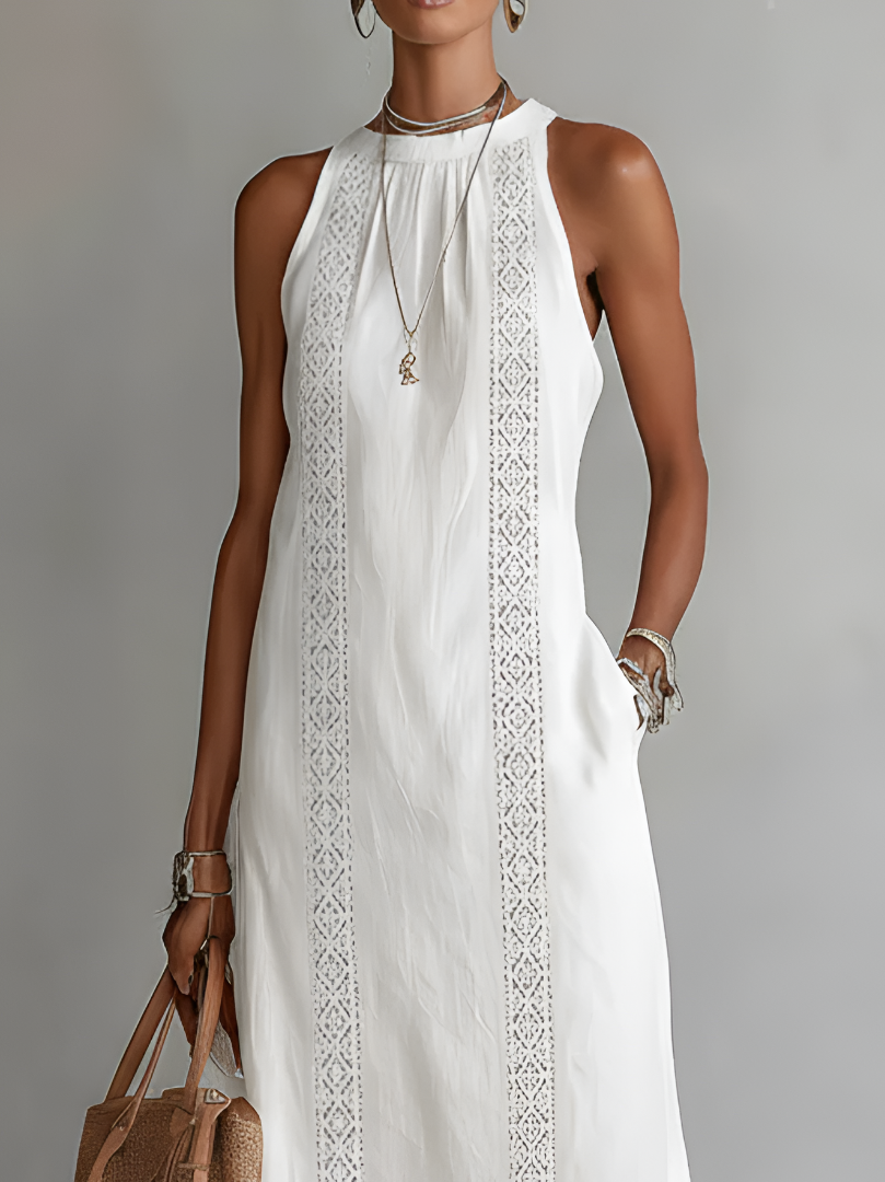 Jimena Relaxed Fit Embroidered Mandarin Collar Midi Dress