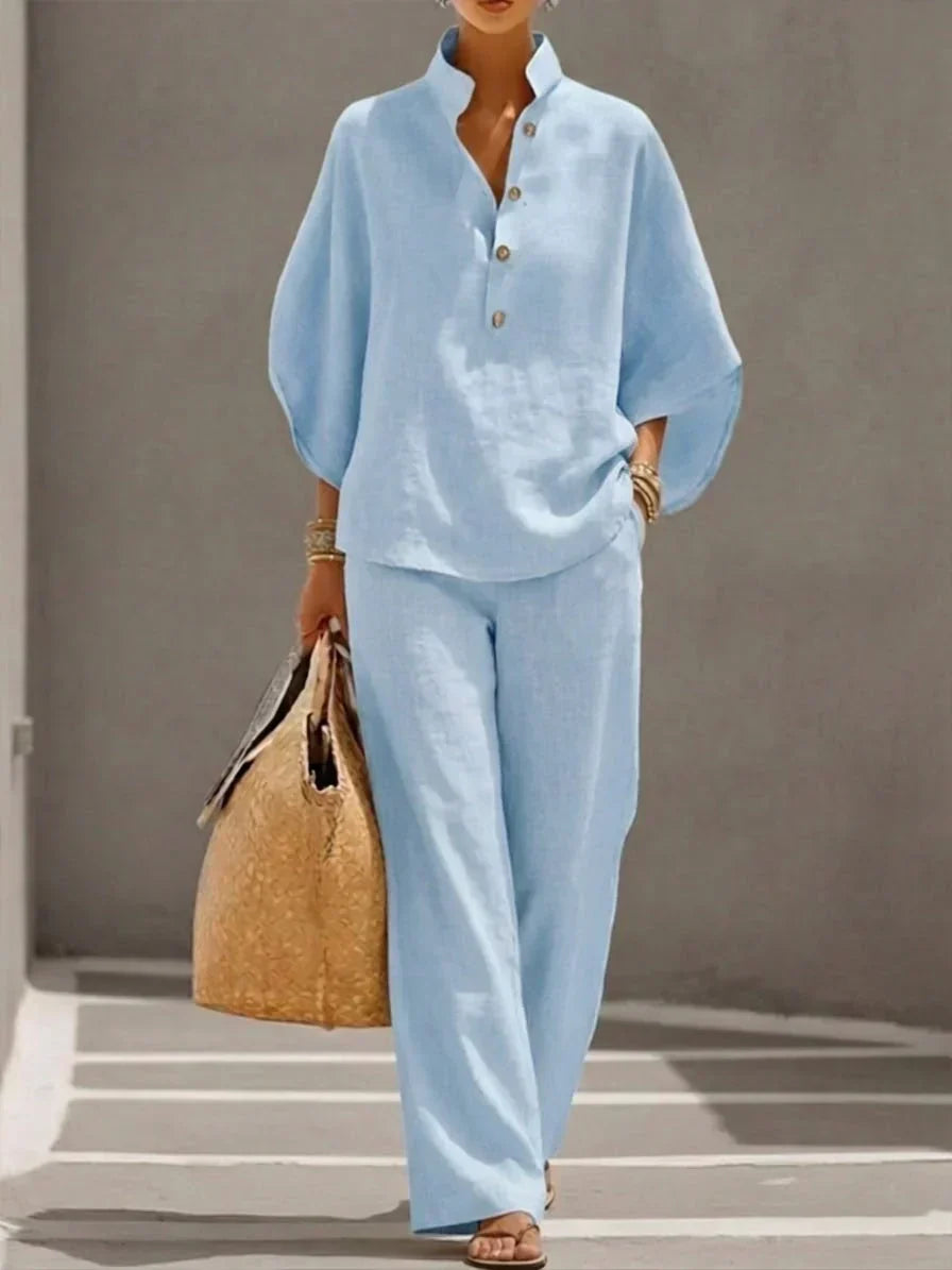 Maribel™ Linen Co-ord Set with Batwing Sleeves and Wide-Leg Trousers