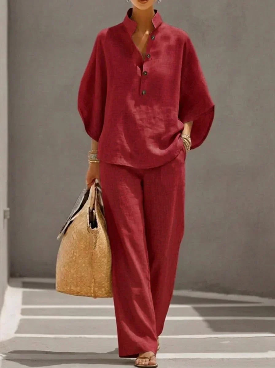 Maribel™ Linen Co-ord Set with Batwing Sleeves and Wide-Leg Trousers