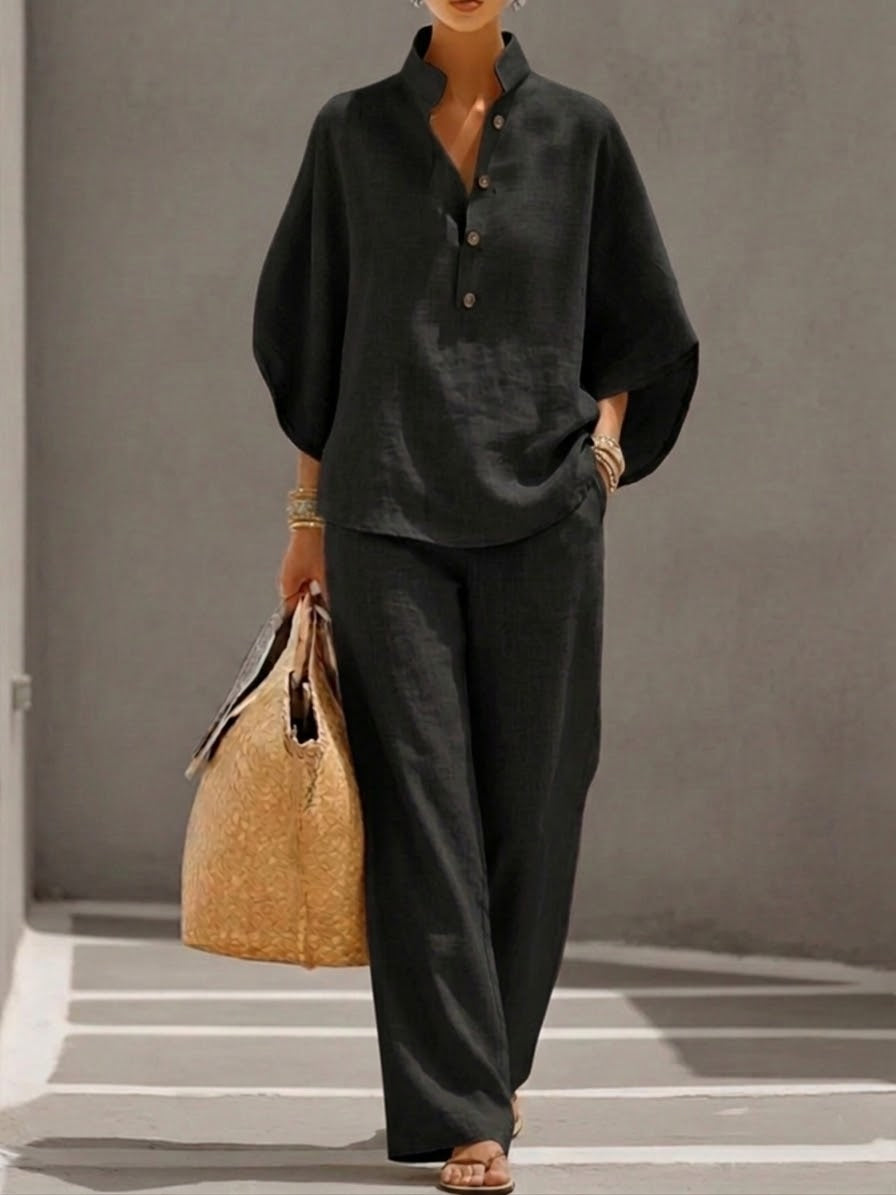 Eszter™ – Sophisticated cotton-linen set with batwing sleeves and wide-leg trousers, size S1