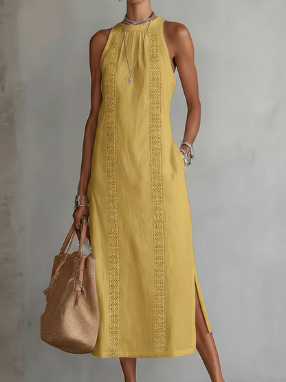 Jimena Relaxed Fit Embroidered Mandarin Collar Midi Dress