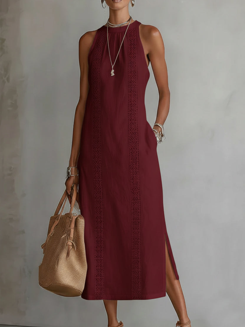 Jimena Relaxed Fit Embroidered Mandarin Collar Midi Dress