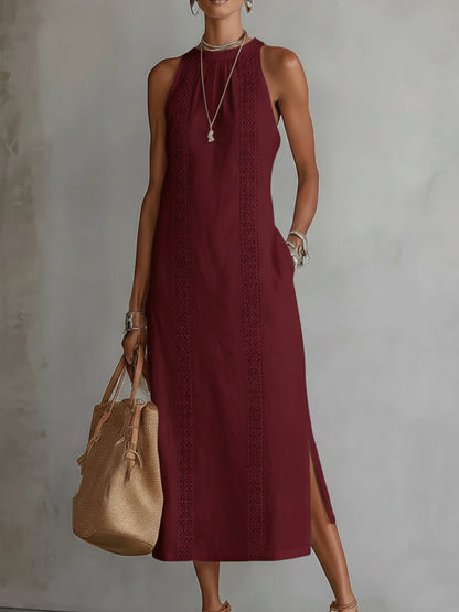 Jimena Relaxed Fit Embroidered Mandarin Collar Midi Dress