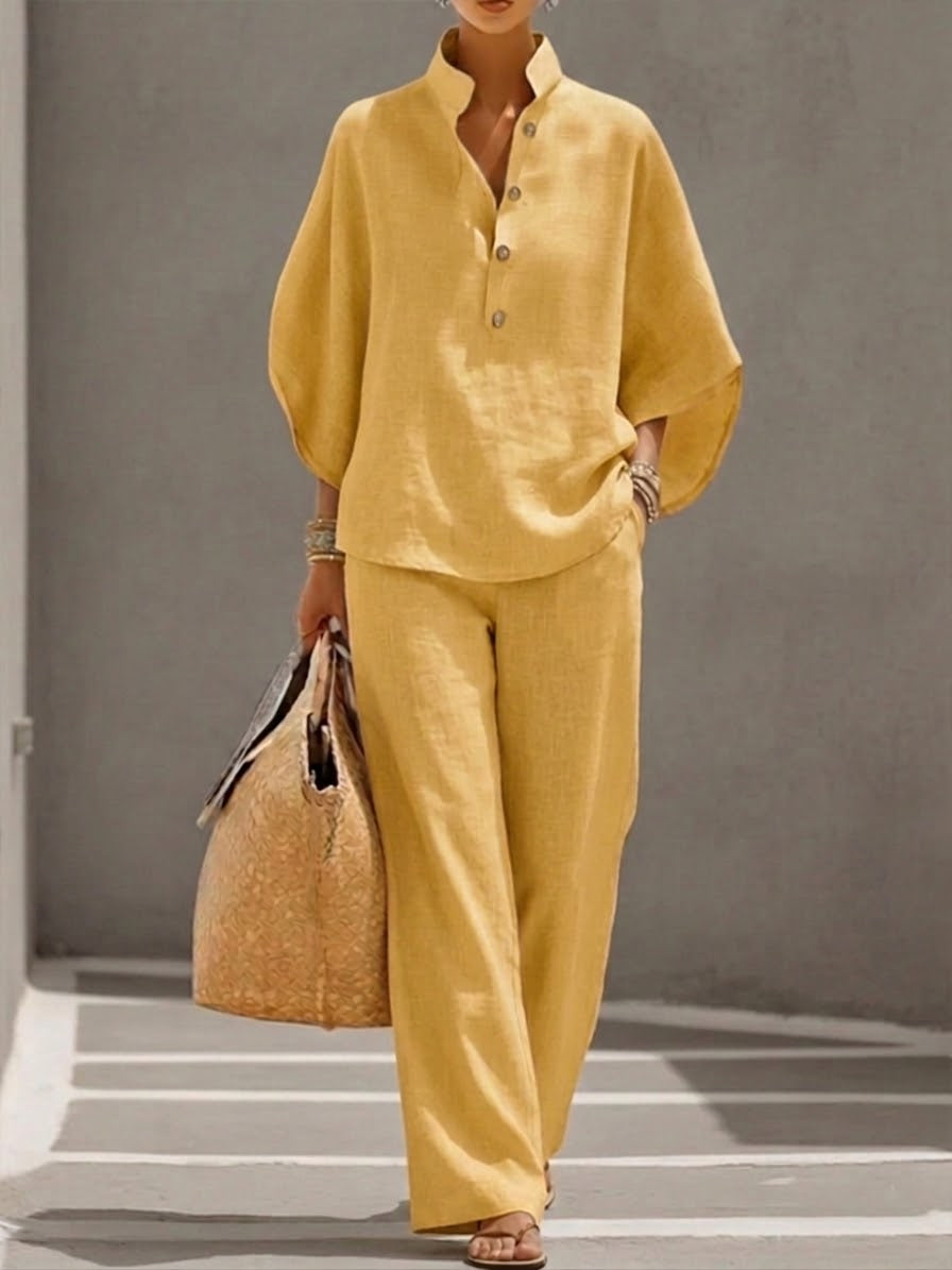 Eszter™ – Sophisticated cotton-linen set with batwing sleeves and wide-leg trousers, size S1