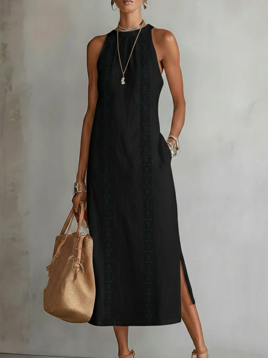 Jimena Relaxed Fit Embroidered Mandarin Collar Midi Dress