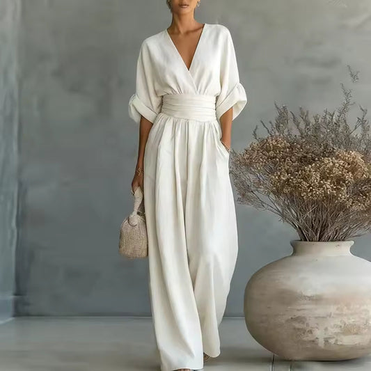 Georgina: Sophisticated Deep V-Neck Wide-Leg Jumpsuit